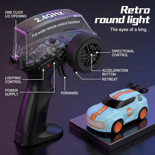 Image of VikriDA Cars Dash Remote Control Car Toy for Kids | 2.4GHz RC Drift Car with Lights, 1:64 Scale, Dual Speed Mode, Proportional Steering, 100m Range | Gift for Boys & Girls