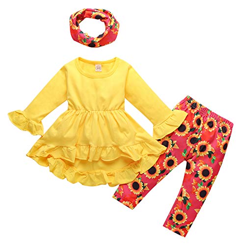 3PCS Toddler Baby Girl Outfits Ruffle Shirt Tops Floral Long Pants Headband Fall Winter Clothes Set (12-18 Months, Yellow)