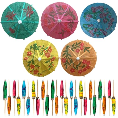 30 Pièces Parasol à Cocktail en Bambou - 10 cm (3,9 pouces) Piques Colorés pour Boissons Tropicales, Cupcakes, Bars Tiki, Fêtes Piscine, Luaus et...