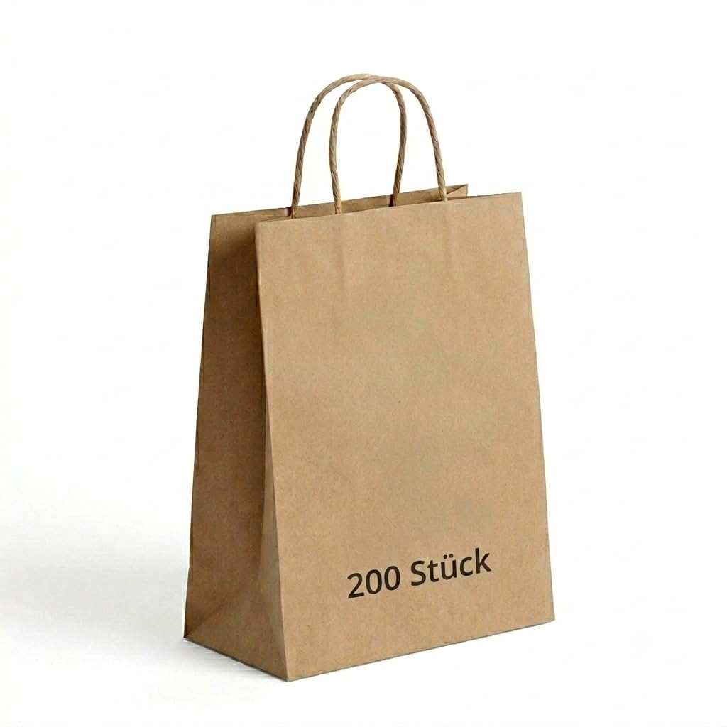 Commerline Lot de 200 sacs en papier kraft marron avec anse, 35 + 14 x 36 cm, avec poignée en cordon, sacs en papier pour le shopping et l'emballage, sacs cadeaux d'anniversaire d'enfants, fêtes