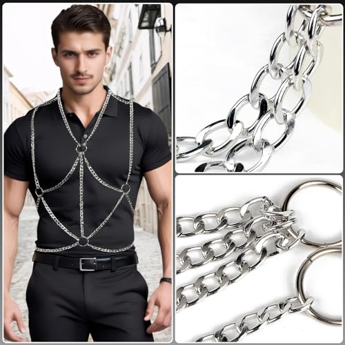 Men's Chest Harness Belt Chain Costume, Body Harness Belt for Men, Male Chest Harness Muscle Show Fashion Uniform for Cosplay Party (Silver)4