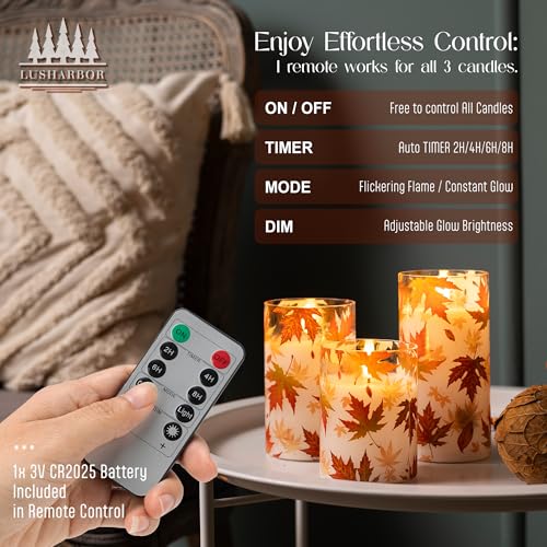 Image of Fall Flameless Candles with Remote, Autumn Maple Leaf Battery Candles | Set of 3 LED Glass Candles with Timer Battery Powered Pillar Candles Thanksgiving Decor Electric Fake Candles Mantel