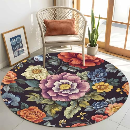 Round Rugs 3.3 Feet, Watercolor Flower Non Slip Area Rugs for Living Room, Bedroom, Barhroom, Entryway, Seasonal Botanical Blooms Spring Soft Kitchen Bath Mats Washable Carpet