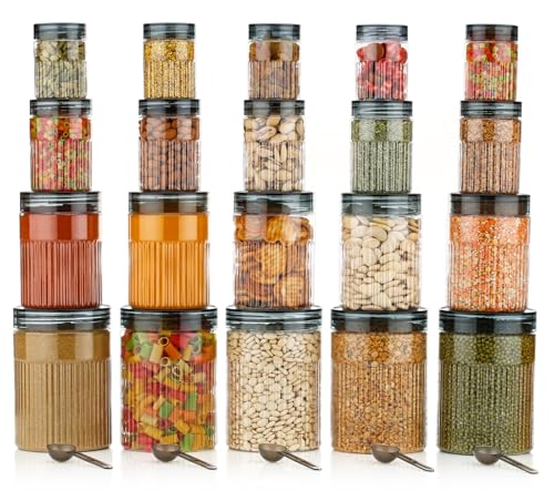 Image of pet Food Storage Containers Set with Airtight Lids, Kitchen Organisation Jars for Pasta, Spices, Dry Goods, Stackable (20 Pcs BLACK)
