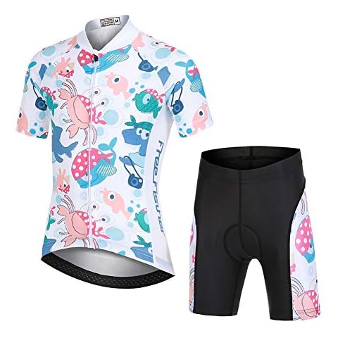 YFPICO Kinder Radtrikot Set Fahrrad Trikot Kurzarm + Radhose mit Sitzpolster Radsport-Anzüge Jungen Mädchen Fahrradbekleidung, Ozean Set, L(122/128) Cover