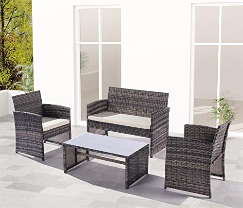Optough 4-Piece Rattan Patio Furniture Set, Outdoor Wicker Conversation Sofa With Weather Resistant Cushions And Tempered Glass Tabletop For Lawn Backyard Pool Garden, Gray/Beige #TOP1