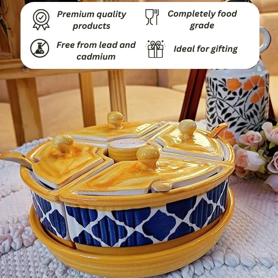 Image of Niyara Multipurpose Storage Ceramic Pickle set Jars & with Lid & tray & spoon & Salt Dispenser (Set of 5, 300 ML) (Yellow Blue)