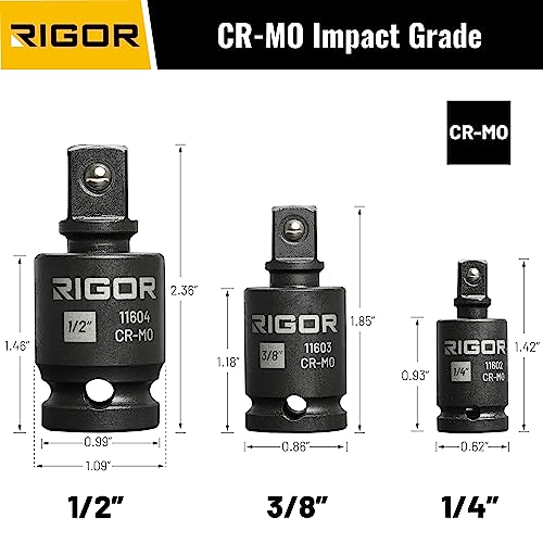 Rigor 11601 Universal Joint Swivel Socket Adapter Set | 3Pcs, 1/2", 3/8", 1/4" Drive | Cr-Mo Impact Grade | Aluminum Storage Rail #TOP1