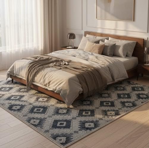 Image of HOMETHREADS Modern Light Luxury 5x7 Feet Area Rug | 11mm Thick Soft Anti-Fatigue Cushioned Carpet with Non-Slip Backing for Living Room, Bedroom, Studio, Lounge & Entrance(Tribal Grey, 210x150Cm)