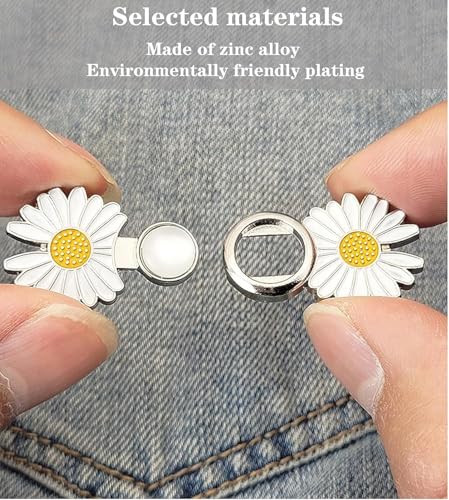 Image of || Set of 2 || Flower Instant Jean Button Pins, Removable Adjustable Pant Waistband Tightener, No-Sew Metal Buttons for Loose Jeans, Easy Clip-On Denim, Skirts &Trousers,Fashion Accessory for Women.