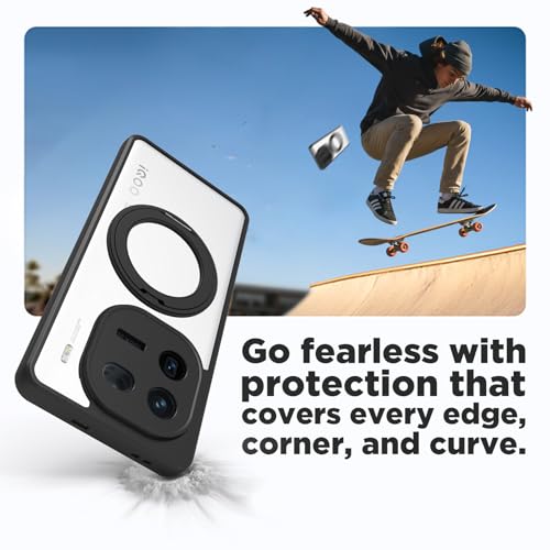 Image of RIGGEAR Shockproof Sleek Hybrid Armor 360 Rotating Magnetic Ring Stand Back Cover Case Compatible with MagSafe Accessories for iQOO 12 5G (Clear PC + Black TPU Bumper)