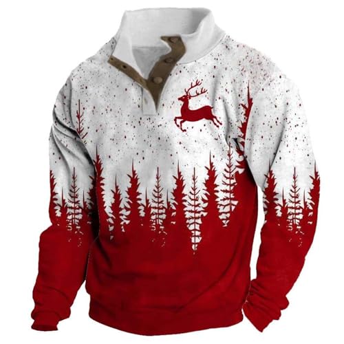 Christmas Sweater Men Ugly Reindeer Snowflake Graphic Xmas Sweatshirt 1/4 Button Stand Collar Winter Clothes 20242