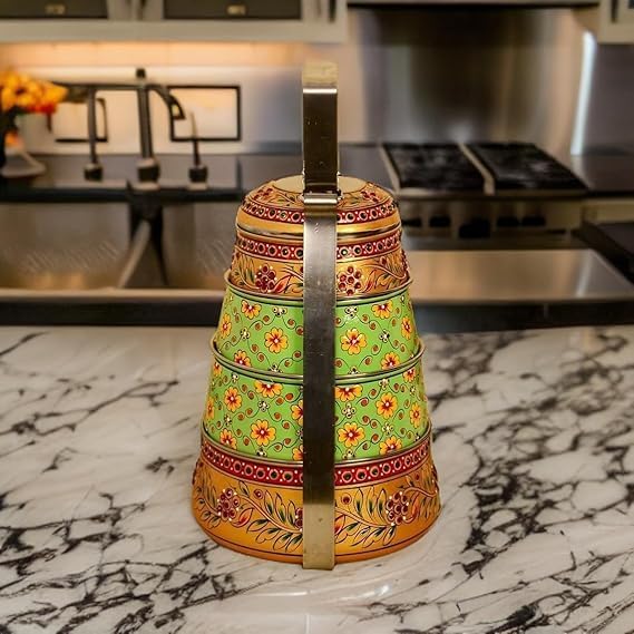 Image of iHandikart Handpainted Decorative Lunch Box Tiffin | Multiple Tier Stainless Steel Food Box | Designer Indian Print Tiffin for School | Diwali Gift, Navratri Gift (Color - Multicolor)