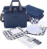 Picknickrucksack 4 Personen |Picknickset mit Kühlfach|Eine Schulter Lunchtasche| Outdoor Picknicktasche| Doppellagige Tasche|Isolierte|Gepolsterte|Vielseitige Tragetasche für Unterwegs (Navy blau)