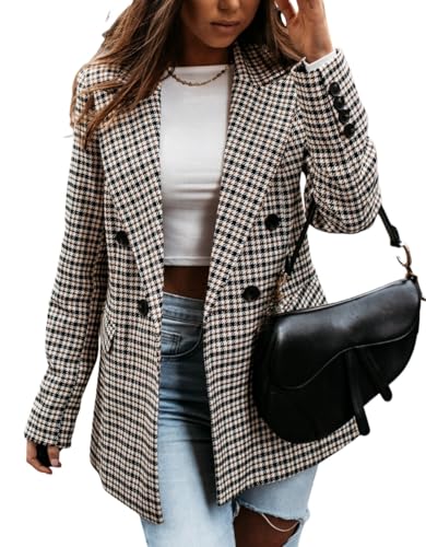 Blazer Mujer Chaqueta Blazer De Mujer con Estampado Pata De Gallo A Cuadros Solapas De Muesca Doble Botonadura Estilo Boyfriend Corte Ajustado Ideal para La Oficina O para Un Look Casual De Negocios