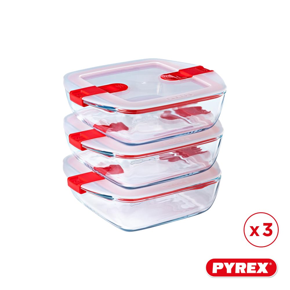 Pyrex Cook & Heat - Lot de 3 Boites Carrées Identiques - 1L - Verre Borosilicate - LunchBox - Couvercle Hérmétique spécial Micro-Onde - Made in France