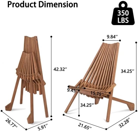 Wood Folding Chair for Outdoor, Low Profile Acacia Wood Lounge Chair for Balcony Porch Backyard Patio Lawn Garden