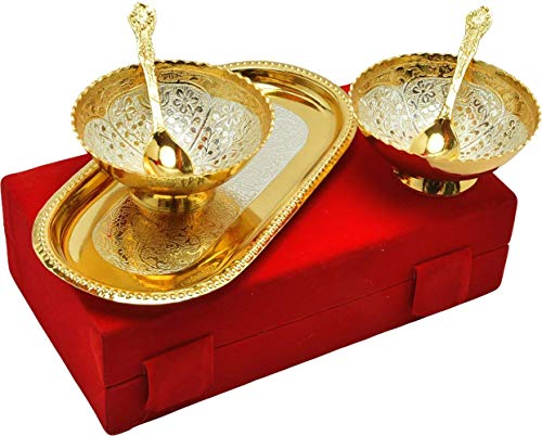 Image of Indicraftsvilla Silver /Gold Round Bowl Set with Royal Velvet Box- Capsule 5 PCS Set