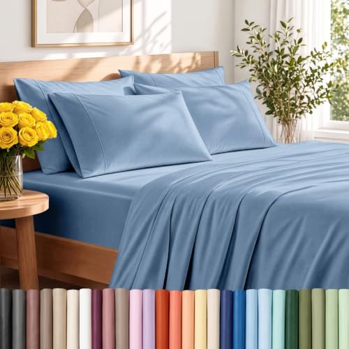 Bare Home Sheet Set 1800 Ultra-Soft with 4 Pillowcases (Queen Short, Coronet Blue)