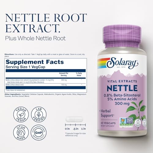 Image of SOLARAY Nettle Root Extract, 60 VegCaps | Urinary, Prostate & Respiratory Support, Nettle Root Extract with Beta-Sitosterol, 60 Servings, Vegan, Lab Verified