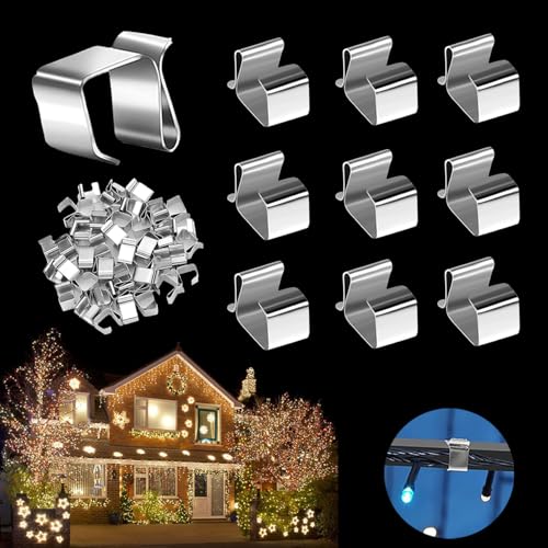 RHQFDM 60 Piezas Ganchos de Canalón Navidad para Canalones Mini Acero Inoxidable Ganchos de Canalón para Luces de Navidad Clips de Sujeción para Luces de Navidad para Lámparas Decorativas de Exterior
