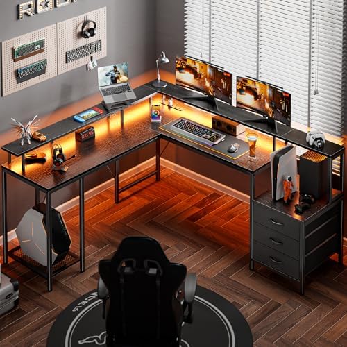 Huuger L Shaped Gaming Desk with LED Lights and Power Outlets, Computer Desk with 3 Drawers, 66.1 Inches Corner Desk, Home Office Desk with Printer and Monitor Stand, Large Storage Space, Black