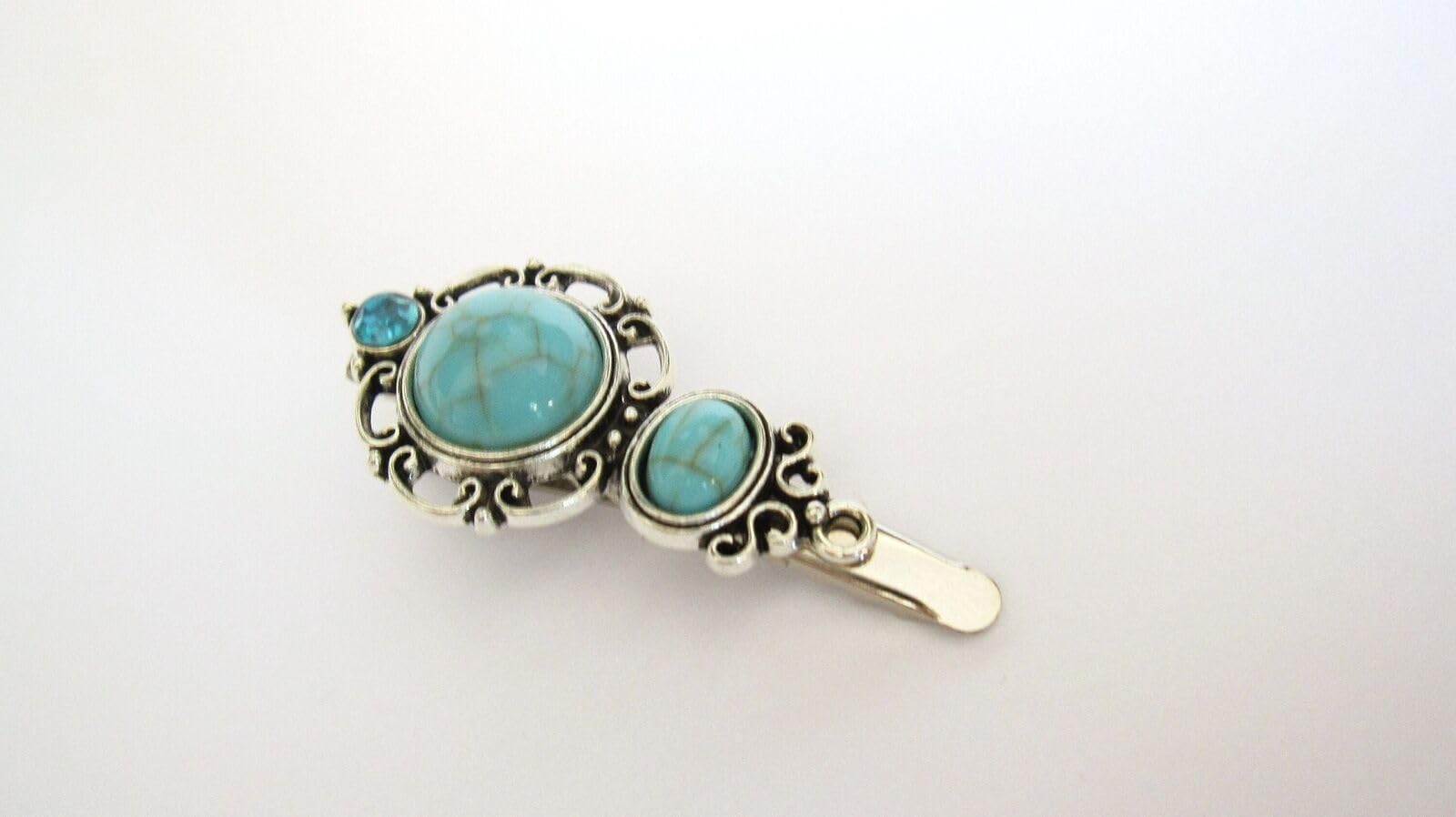 Small turquoise blue stone and crystal metal alligator hair clip fine thin hair