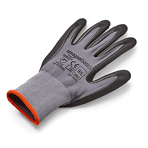 Image of Amazon Basics Micro-Foam Nitrile Coated Safety Work Gloves, Nylon Liner Fiber, Touch Screen Compatible, Grey, Size 9, Large, 6-Pack