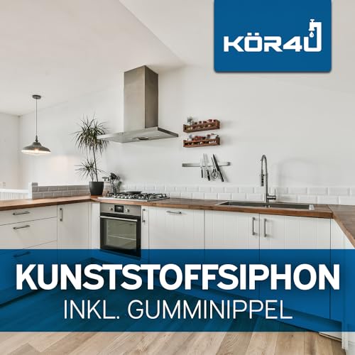 kör4u Kunststoff Siphon, 1 1/2 Zoll x 40/50 mm, Röhrengeruchverschluss für Spültisch, mit Maschinenanschluss, Gummimanschette, Abflussrohr