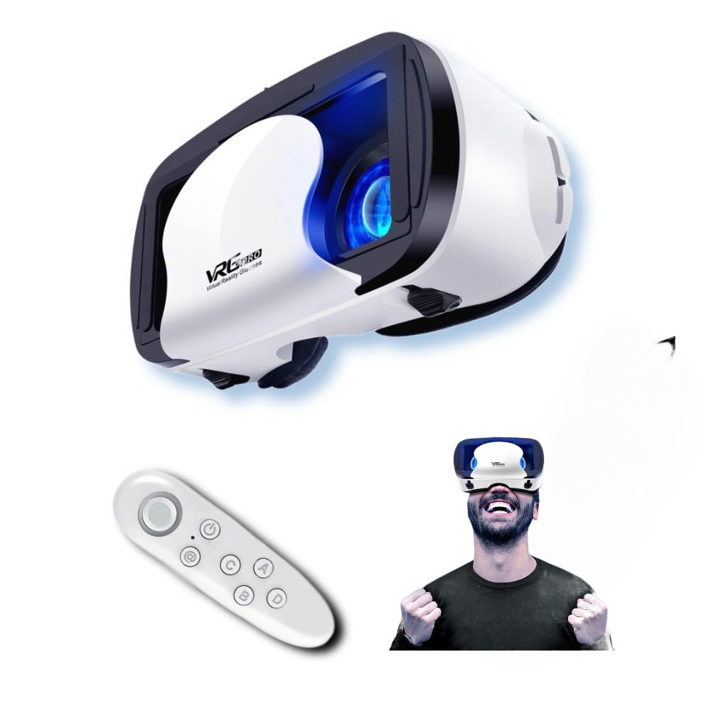 Adjustable HD 3D VR Glasses with Controller, Blu-ray Eye Protection, Virtual Reality Headset Compatible with 5~7 Inch iOS and Android Smartphones, Ideal for Gaming and Movies, Gift Bluetooth teeth