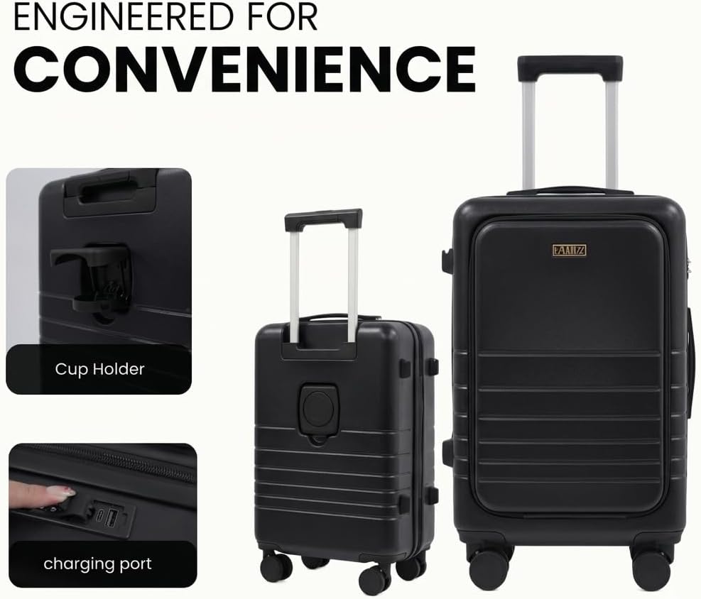 Fagoza 20 Inch Hardside Carry on Luggage with Spinner Wheels, 22x14x9 Airline Approved Carry on Luggage with Front Pocket, TSA Lock, USB Charging Port, Black