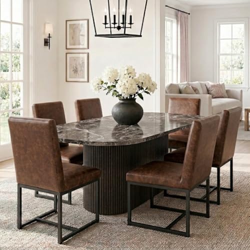 Image of HNY Modern Dining Chairs Set of 6, Upholstered Leather Dining Room Chairs with Ergonomic Back & Metal Frame for Home, Kitchen, Apartment, Brown