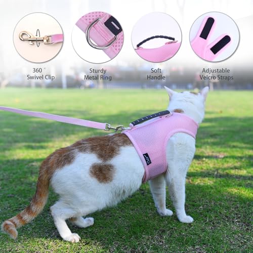Image of Cat Harness and Leash for Walking Escape Proof Breathable Mesh Fabric, Solid Pink, Large, Adjustable Cat Walking Jackets with Handle, Padded Stylish Cat Vest