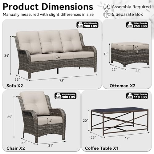 Image of 7 Piece Outdoor Wicker Patio Furniture Set, Patio Chairs Set with Thickened Olefin Cushions, High Back and Deep Seating, Hand-Woven PE Rattan, Ottoman for Porch, Deck