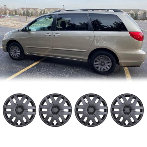 16 Inch Hubcaps Set of 4 Matte Black Wheel Rims Cover R16 for Toyota Sienna 2004 2005 2006 2007 2008 2009 2010, PP Material Wheel Covers Snap On Fit for Steel Wheels Auto Accessories (4-Packs)