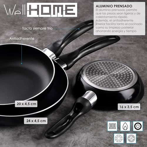 Miniatura 2 de Bistro Series Set de Batería de cocina de 7pc en acero inoxidable + 3 Sartenes Ø16Ø20Ø24cm Negro en aluminio prensado
