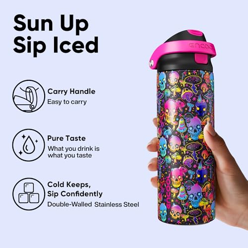 Image of Encool SwiftSip Insulated Stainless Steel Water Bottle with Straw - Leak Proof Sports Water Bottle for School, Travel, Keeps Cold All Day, One-Touch Flip Lid, BPA-Free, 24 oz, Trippy Skulls