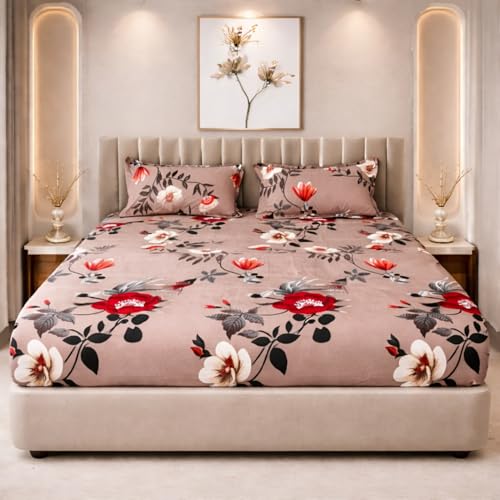 Image of THEA King Elastic Fitted Double Bedsheet Set| 100% Cotton Like Soft Fabric | Microfiber King Elastic Double Bedsheet for King Size Bed (72 X 78 x 10 inches) with 2 Pillow covers,Autumn Desire