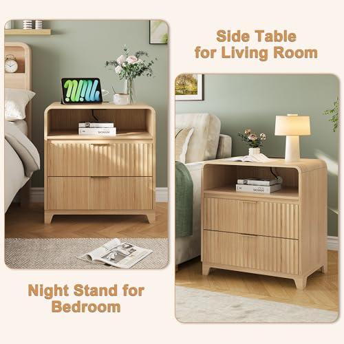 Image of Fluted Natural Nightstand Set of 2, 24 Inch Bedside Table with Charging Station, Modern Wood Night Stand with 2 Drawers and Open Shelf, End Table for Bedroom, Natural Oak
