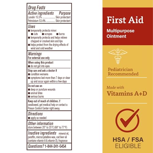 A+D First Aid Multipurpose Healing Ointment - Moisturizing Skin Protectant for Dry Cracked Heels, Elbows, Hands and Lips - Protects Minor Cuts, Burns, & Scrapes – 4 oz Tube