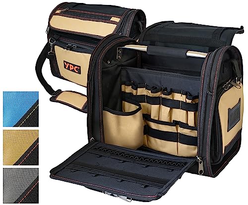 YPC Foreman Werkzeugtasche XL– Tragbare Aufbewahrungstasche mit Karabinerhaken, Wasserfest, Reißfest, Stabiler Metallgriff & Schultergurt mit Polsterung, Sand-Schwarz, 37x36x27cm – 20 kg Tragkraft