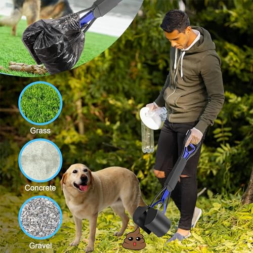 XFLYP Hundekotschaufel, 45cm Faltbarer Haustier Hund Hundekotgreifer Tragbare mit langem Griff, Haustier Schmutz Picker Pick Up für Rasen im Freien Gras und Kies für Hunde und Katzen(Blau)