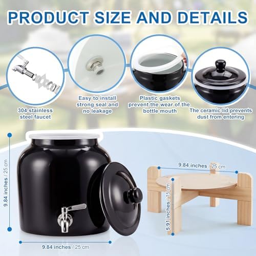 FillTouch Ceramic Water Dispenser Crock Water Dispenser with Wood Stand 304 Stainless Steel Faucet, Valve and Lid for 3 to 5 Gallon Jugs Porcelain Cooler Home Office Indoor Outdoor(Black)