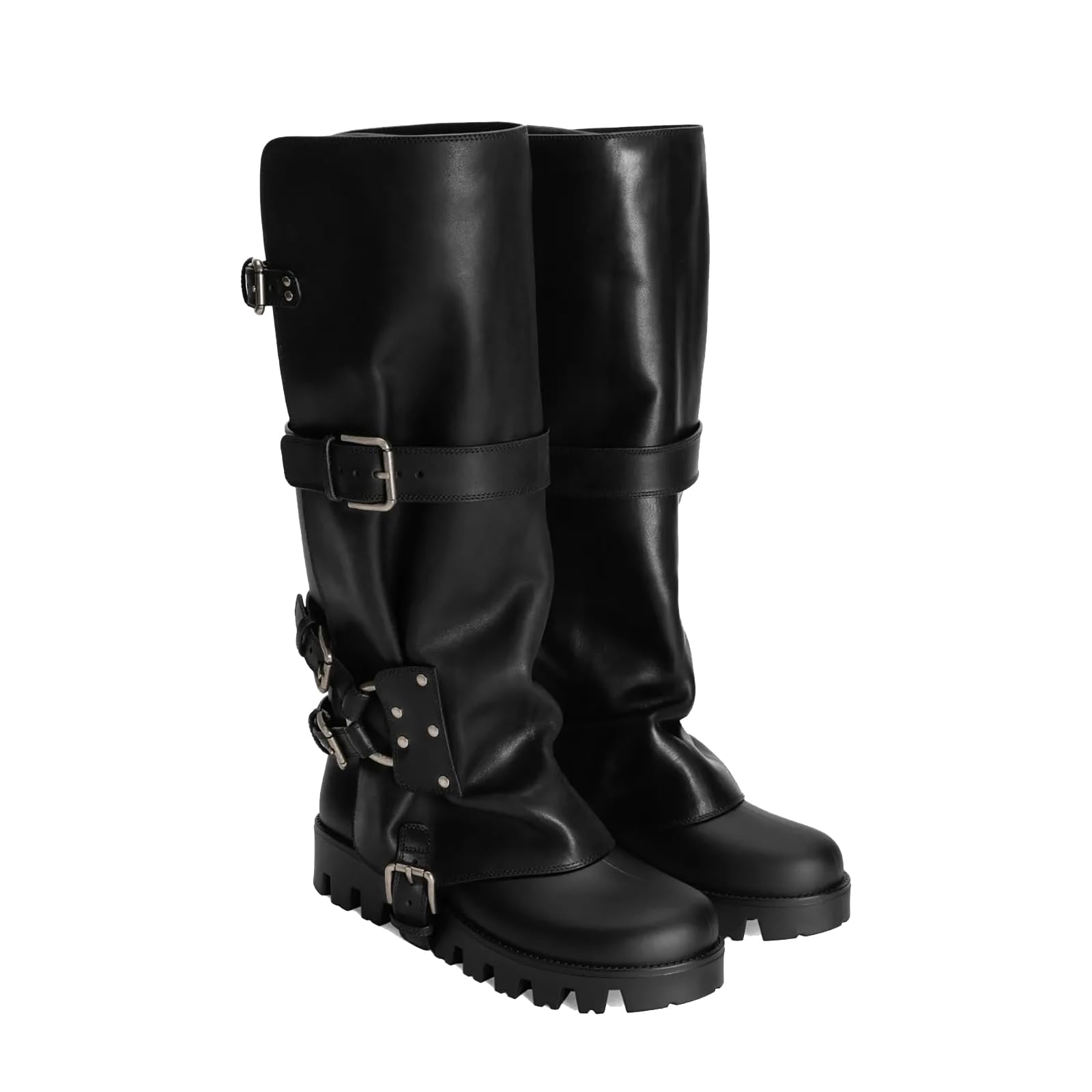 Womens Moto Boots Black Leather Buckle Straps Chunky Lug Sole Mid Calf Knee High Biker Boots for Punk