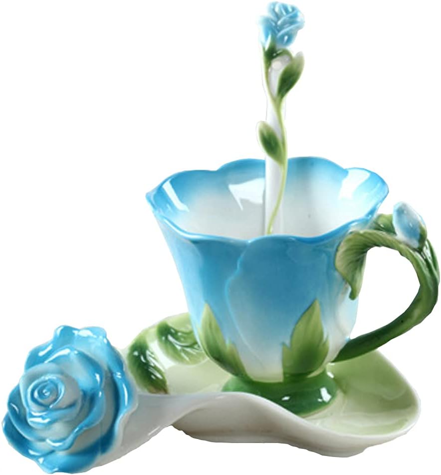 ONEUSTAR Tea Cup and Saucer Set with Spoon Ceramic Bone China Coffee Cup with Saucer 6 Ounce Porcelain Rose Flower Shaped Cappuccino Latte Teacup Housewarming Gift, Blue