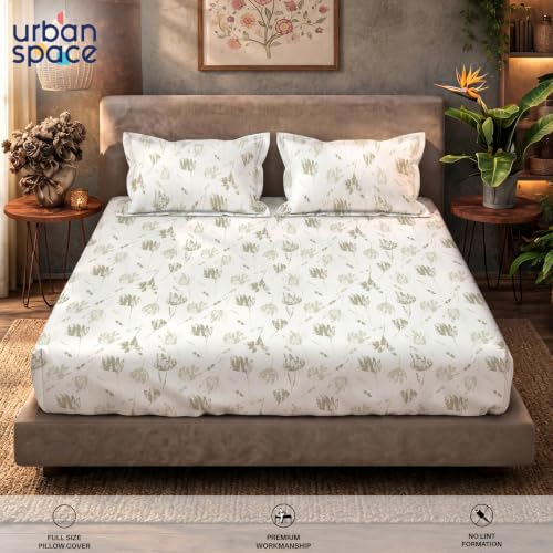 Image of Urban Space Serene 100% Cotton King Size Bedsheet, 200 TC Super Soft Bed Sheet for King Size Bed, Floral Design King bedsheet with Two Pillow Covers (108 inch x 108 inch, Frosted Tulips Olive Gray)
