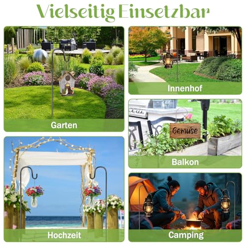 Forbabe Schäferhaken 100cm, 4 Stück Hirtenhaken mit 4 Pflanzenschild Höhenverstellbar Hirtenstab Laternenstab Hirtenbogen Haken Metall Gartenstab mit Haken für Vogelkäfige Windspiel Pflanzkörbe