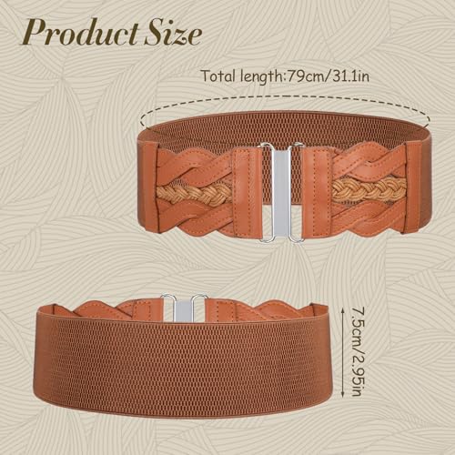 Wide Stretchy Belts for Women Vintage Brown Elastic Belt with Silver Buckle Adjustable Cinch Belt Womens Fashion Waist Belts for Dresses Coats (Wide 2.95'')3