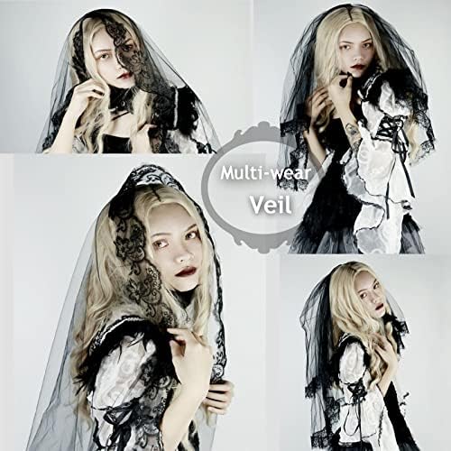 2-Tier Black Bridal Veil Halloween Gothic Wedding Lace Bride Veil with Comb Fancy Dress Soft Tulle Flower Embroidered Veil Waist Length Veil Hairpieces Flowery Day of the Dead Costume Accessory