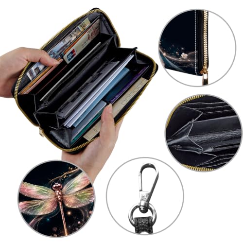 Image of Women's Wallets Credit Card Holder Money Leather Long Wallet | Long wallet with Wristlet,Large Capacity with Zip-Around Phone Purse for Women Ladies Girls,Dragonfly Cherry Blossoms